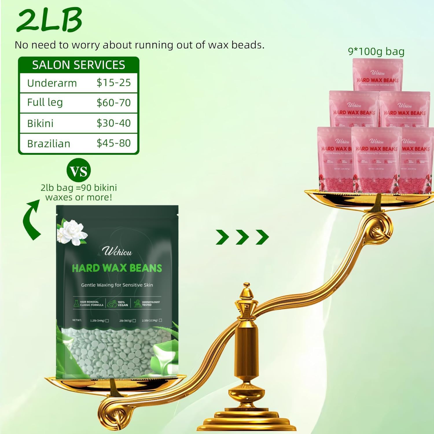 Hair Removal Wax, 2lb Wax Beads for Sensitive Skin, With Pure Aloe Vera, For Face, Eyebrow, Leg, Bikini, Brazilian Waxing, Coarse Body Hair Specific