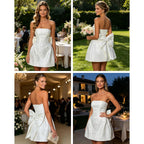 Jumisee Embroidery Satin Homecoming Dress With Bow Modest Strapless Mini Dresses A Line Short Prom Dress Party Gown