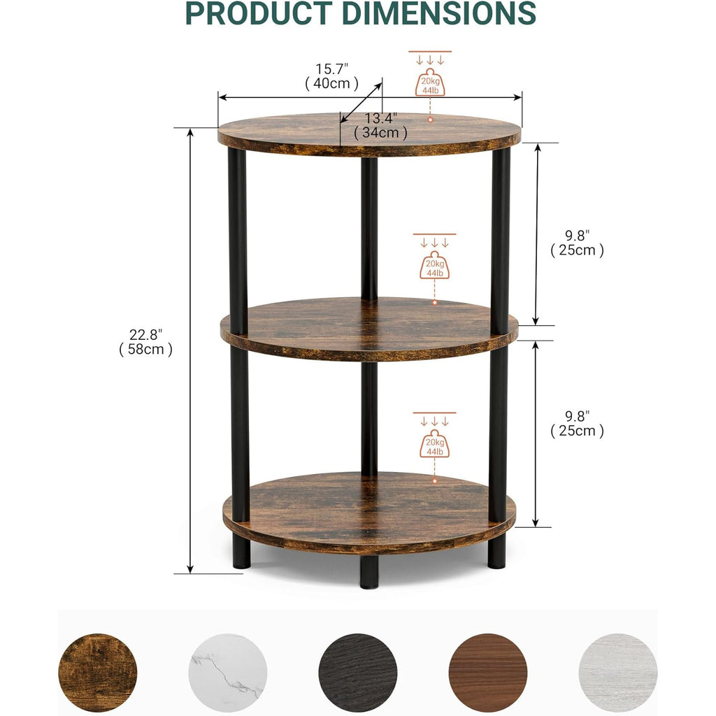Round Small Side Table - 3 Tier Oval Accent Table for Small Spaces, Rustic Wood and Metal Couch End Table, Nightstand for Bedroom or End Table Living Room, Easy to Assemble, Rustic Brown