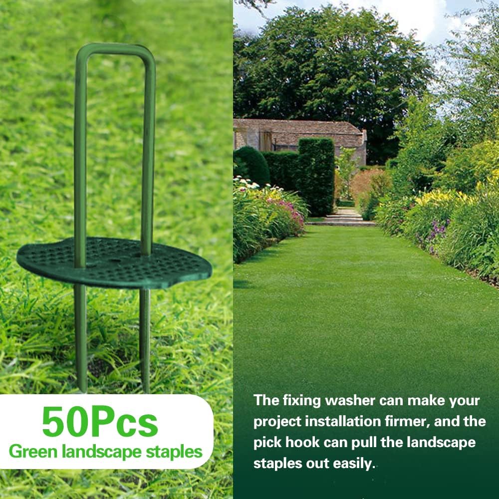 Bakulyor 50Pcs Green Artificial Turf Stakes Staples + 50Pcs Buffer Washer, 6 Inch 11 Gauge Landscape Staples, Galvanized Lawn Spikes, Heavy Duty Yard Ground Pin For Grass Weed Barrier Sod Fabric