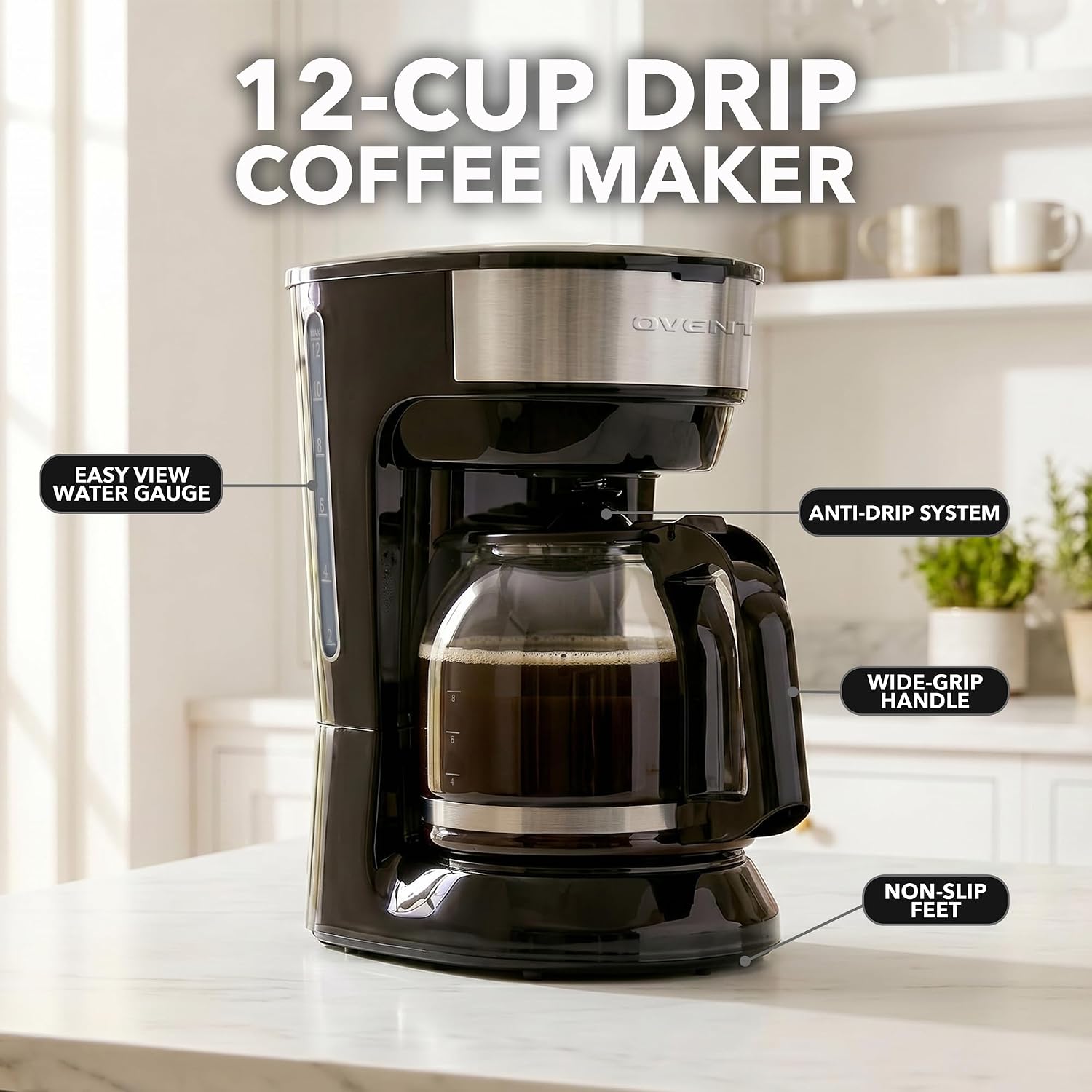 Ovente 12-Cup Drip Coffee Maker With Borosilicate Glass Carafe, One-Touch Operation Machine, Anti-Drip System, Reusable Filter And Clear View Water Level Gauge, Ideal For Home Or Office, Black Cm412B