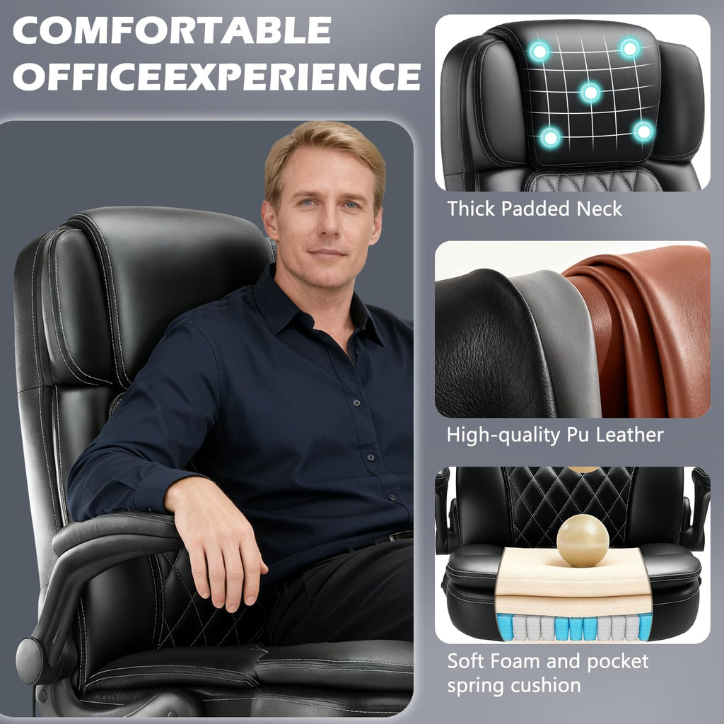 450Lbs Big And Tall Executive Office Chair With Flip Up Arm, Heavy Duty Pu Leather Computer Desk Chair,Comfortable High Back Swivel Home Office Chair With Rolling For Adults,Spring Cushion,Metal Base