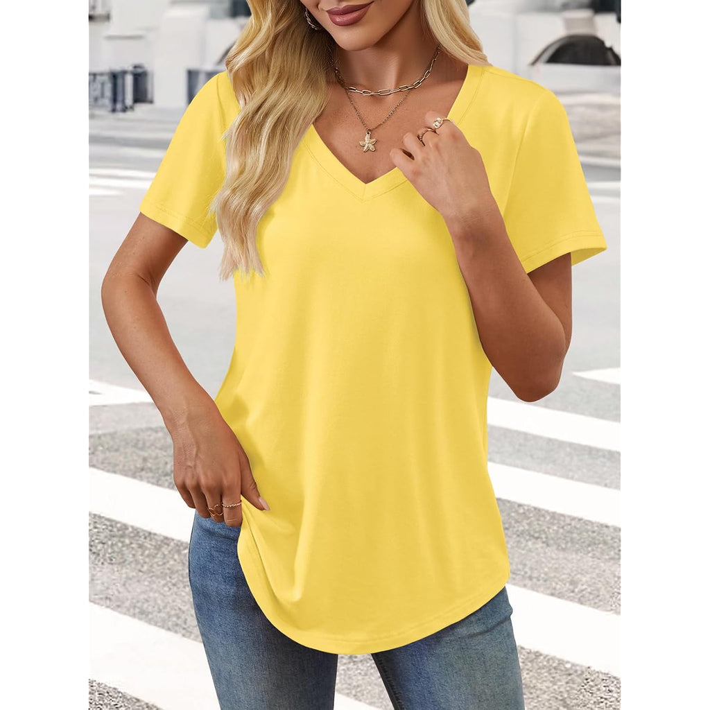Athmile Womens V Neck Short Sleeve Summer T Shirts Curved Hem Plain Top Beach