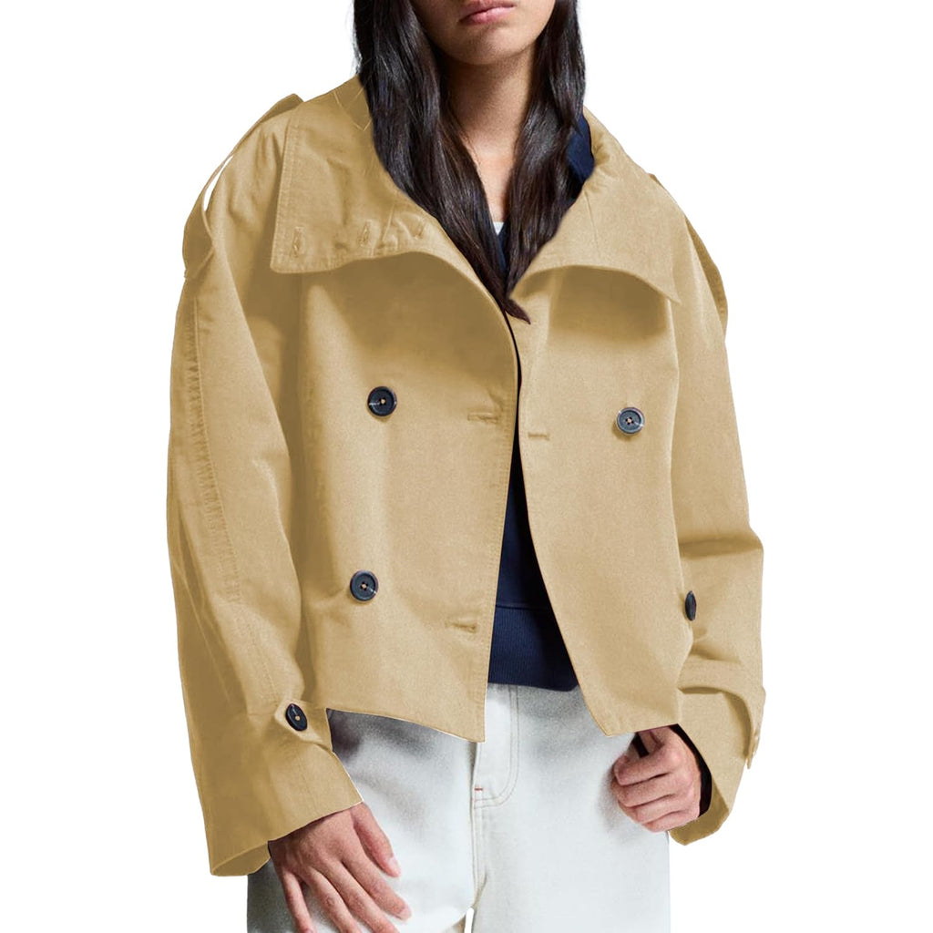 Women'S Cropped Trench Coat Double Breasted Short Jacket High Collar Fall Winter Coats Trendy Outfit With Belt