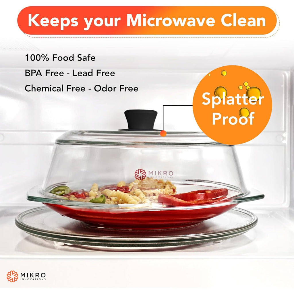 Tall Glass Microwave splatter cover | Sturdy clear 100% food safe BPA free glass lid with easy grip silicone handle | Heavy-duty glass for longer life, Dishwasher safe for easy cleaning - 10.5in