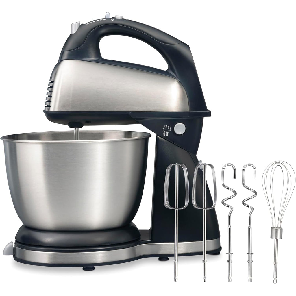 Hamilton Beach Classic Stand And Hand Mixer, 4 Quarts, 6 Speeds With Quickburst, Bowl Rest, 290 Watts Peak Power, Black And Stainless | 2-In-1 Versatility | Quickburst For Added Power | 290 Watts Peak Power | Built-In Bowl Rest | Black And Stainless Steel
