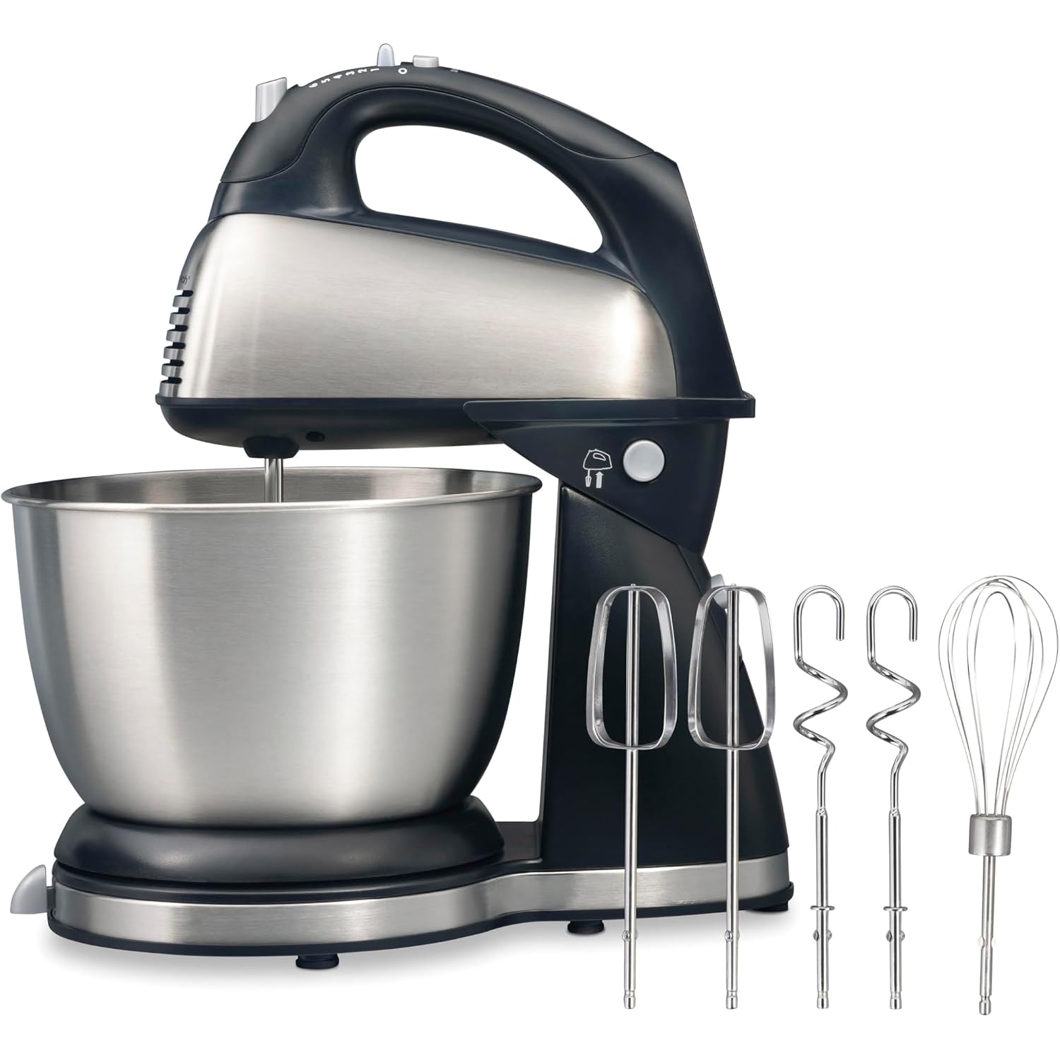 Hamilton Beach Classic Stand And Hand Mixer, 4 Quarts, 6 Speeds With Quickburst, Bowl Rest, 290 Watts Peak Power, Black And Stainless | 2-In-1 Versatility | Quickburst For Added Power | 290 Watts Peak Power | Built-In Bowl Rest | Black And Stainless Steel