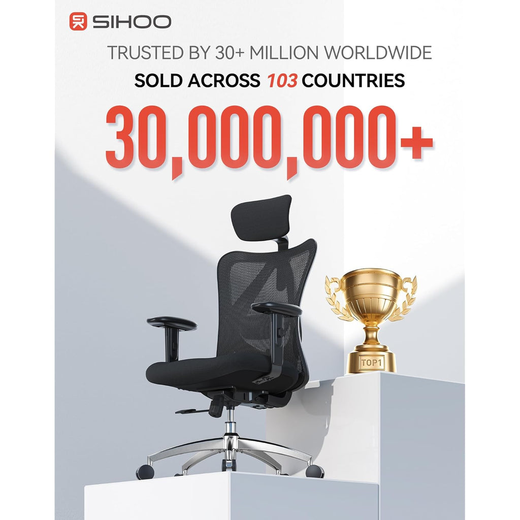 SIHOO M18 Ergonomic Office Chair, High Back Mesh Desk Chair with Adjustable Headrest & Lumbar Support, 330lbs Capacity Computer Chair with 2D Armrests & Wide Cushion, Tilt Lock, for Home Office-Black