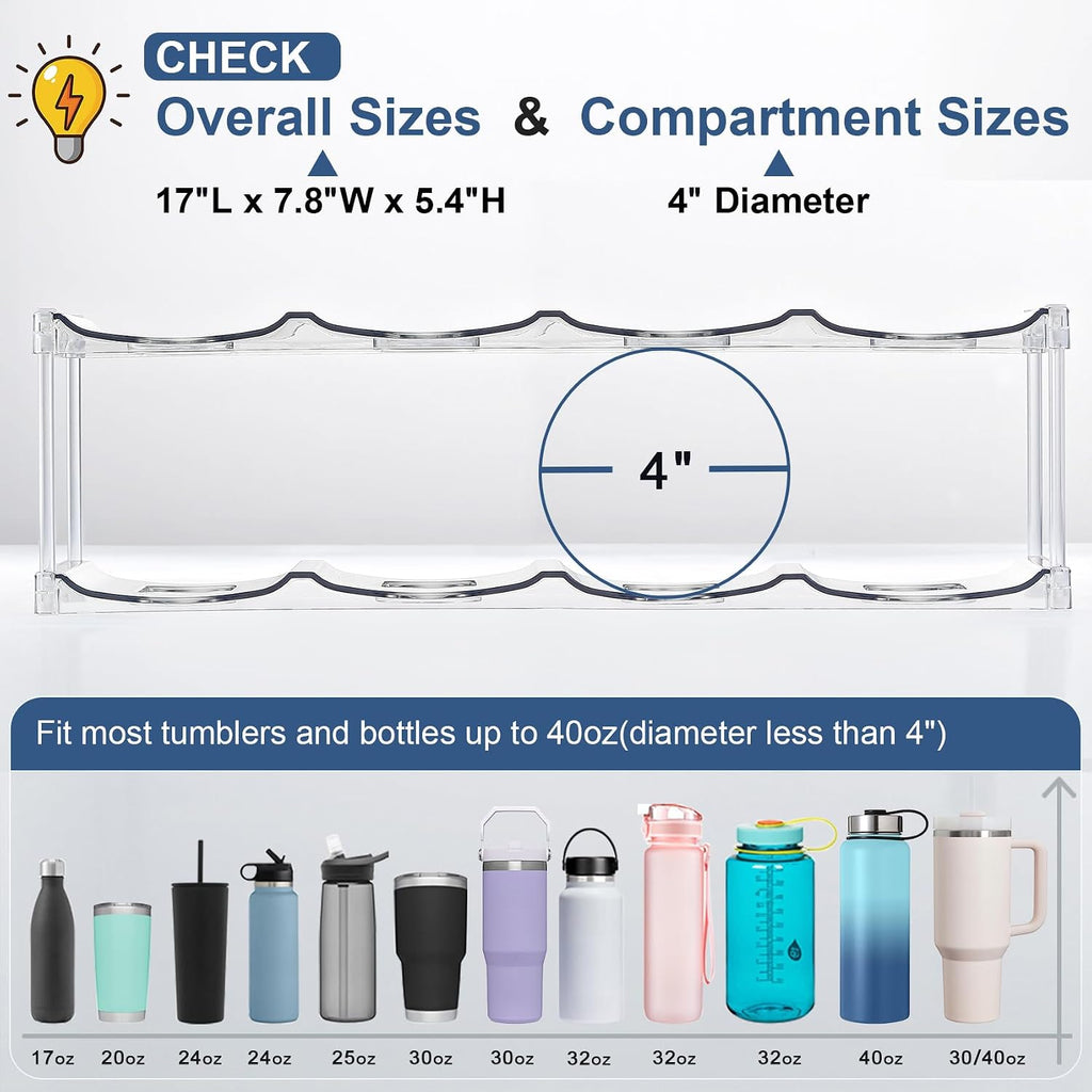 Larger Compartment - 3 Tier Stackable Water Bottle Organizer Holder - For Stanley 40Oz & Others' Large Tumbler - Clear Wine Rack, 12 Cup Bottle Holder For Cabinet Home Countertop Fridge Pantry Shelf