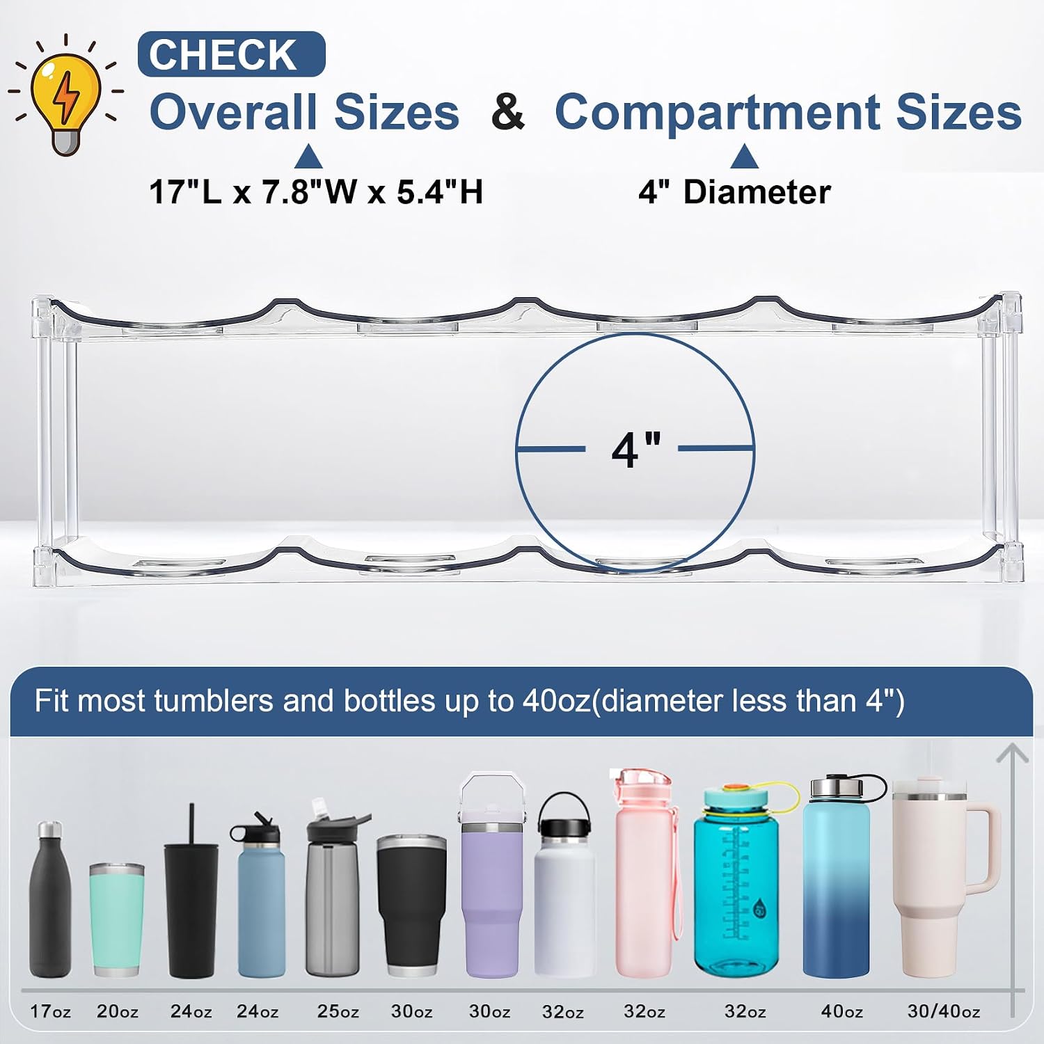 Larger Compartment - 3 Tier Stackable Water Bottle Organizer Holder - For Stanley 40Oz & Others' Large Tumbler - Clear Wine Rack, 12 Cup Bottle Holder For Cabinet Home Countertop Fridge Pantry Shelf