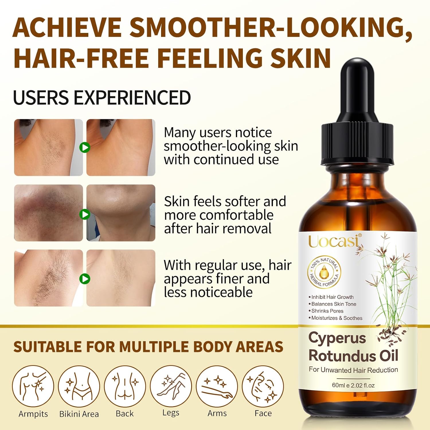 Uocasi Cyperus Rotundus Oil, Cypress Rotundus Oil For Hair Removal, Natural Inhibitor To Reduce Unwanted Hair Growth, Soothes Skin & Minimizes Pores, All Skin Types, 2.02 Oz