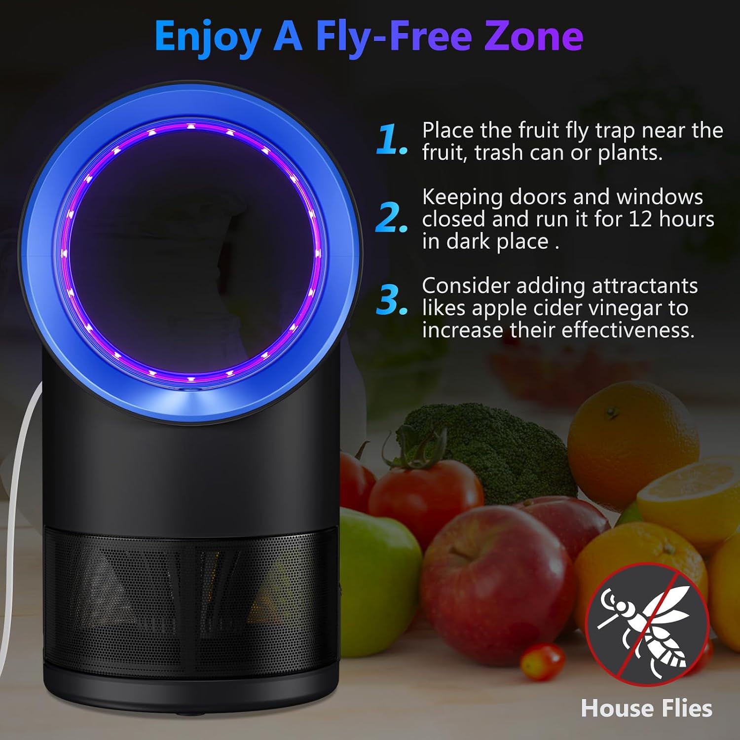 Fly Trap Indoor,Blue Gnat Traps House Indoor,Indoor Insect Trap With Timer | Fruit Fly Trap Indoors Suctions & Captures, 6/12Hr Timer, Kid & Pet Friendly, Low Noise, 10 Refills