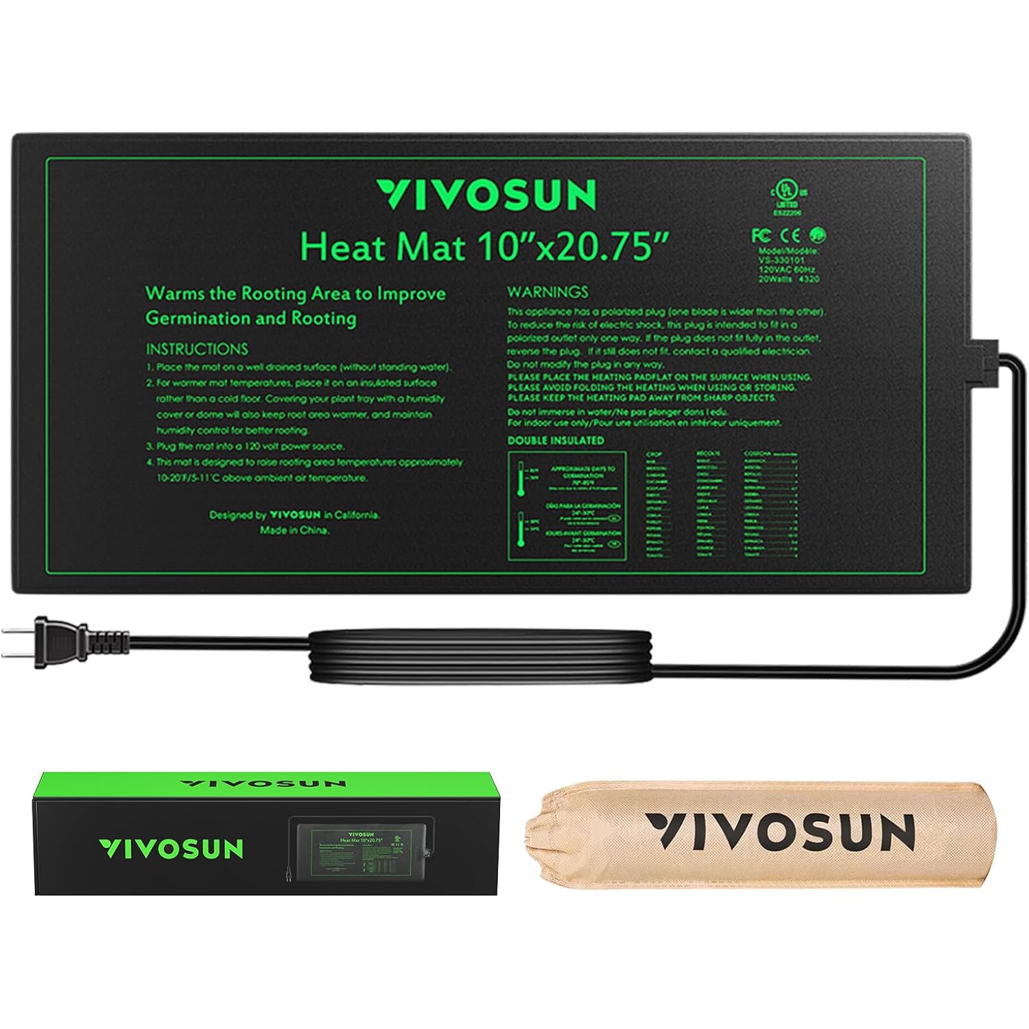 Vivosun 10" X 20.75" Durable Waterproof Seedling Heat Mat | Ul & Met-Certified Warm Hydroponic Heating Pad For Germination, Indoor Gardening, Greenhouse