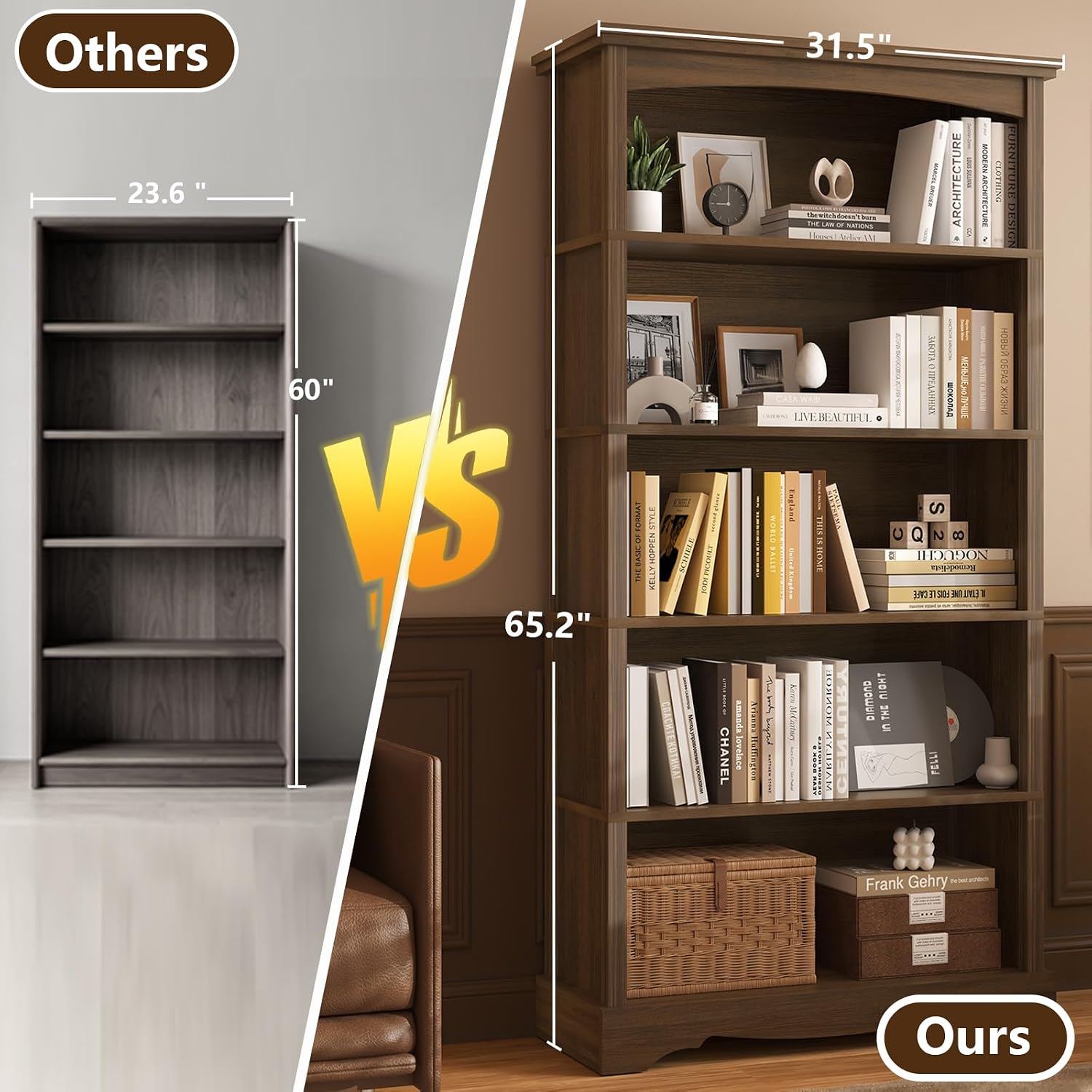 Tvu 5-Tier Wooden Bookshelf, 31.5" W X 65" H ×9.9" D Bookshelf With Storage, Floor Standing Modern Style Display Bookcase For Living Room, Office, Study Room, Entryway, Brown