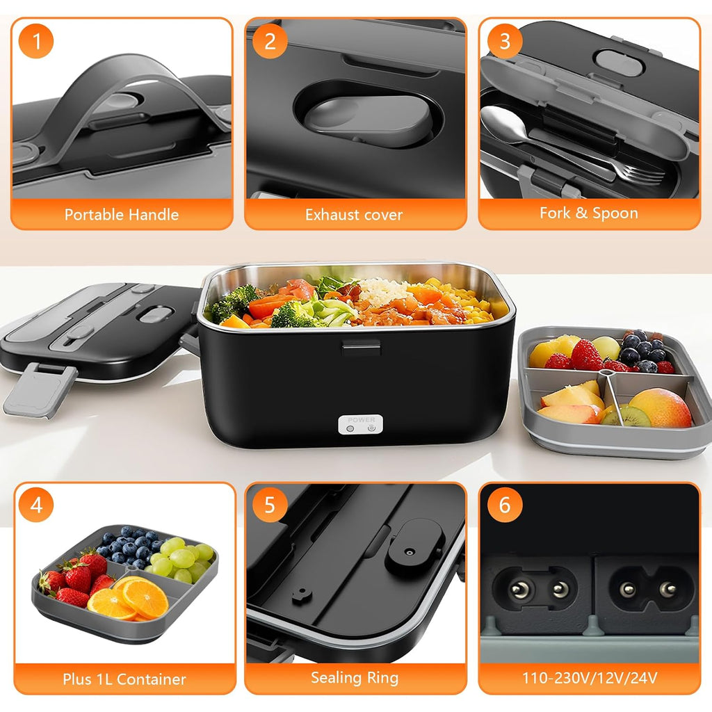 Electric Lunch Box For Adults, 2.8L Double Layer 100W Fast Heated Lunch Box, Heating Food Heater Warmer For Home Office Car Truck Use, Extra Large Lonchera Electrica Portátil 12/24V/110-230V, Black