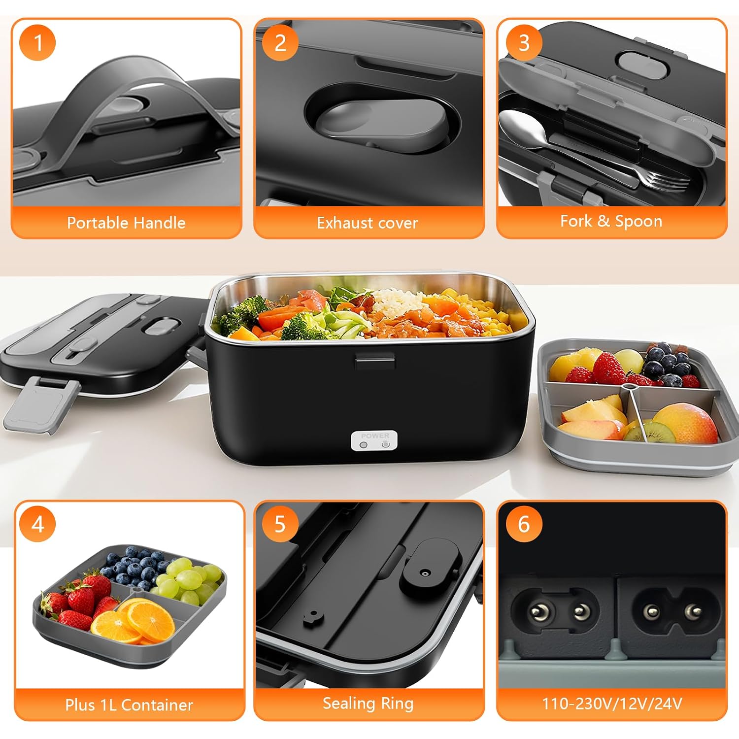Electric Lunch Box For Adults, 2.8L Double Layer 100W Fast Heated Lunch Box, Heating Food Heater Warmer For Home Office Car Truck Use, Extra Large Lonchera Electrica Portátil 12/24V/110-230V, Black