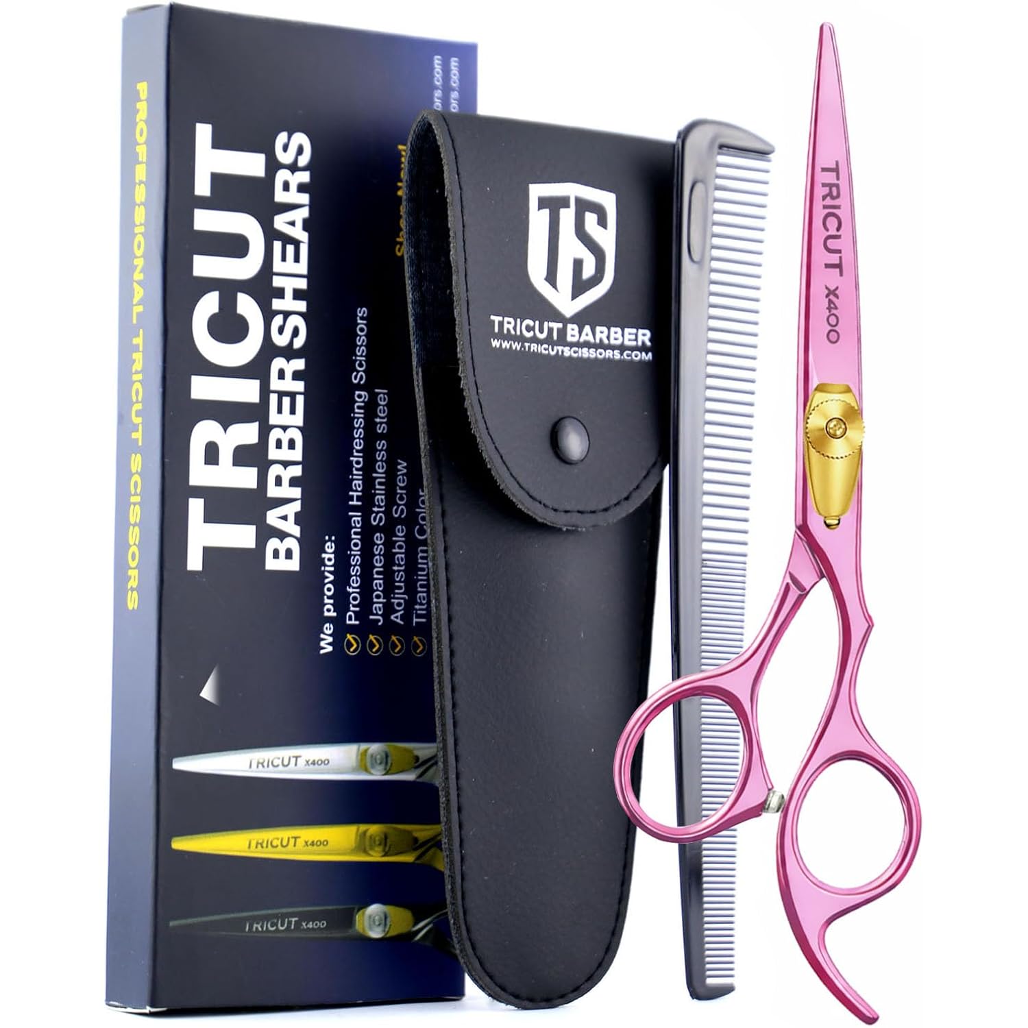 X400 Professional Barber Scissors 6.5” – Pink Hair Cutting Shears For Men & Women Japanese Stainless Steel, Adjustable Tension Screw, Ergonomic Handle Includes Comb & Leather Case