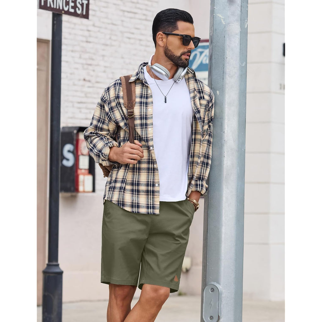 Coofandy Mens 9" Casual Shorts With Zipper Pocket Elastic Waist Drawstring Chinos Short Summer Lightweight Cotton Shorts