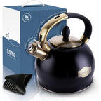 SUSTEAS Stove Top Whistling Tea Kettle - Food Grade Stainless Steel Teakettle Teapot with Cool Touch Ergonomic Handle, With 1 Silicone Pinch Mitt Included, 2.64 Quart(BLACK)