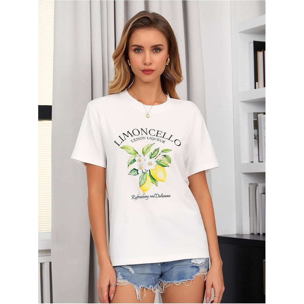 SweatyRocks Women's Lemon Shirts Letter Fruit Printed Graphic Tees Short Sleeve Casual T-Shirt White