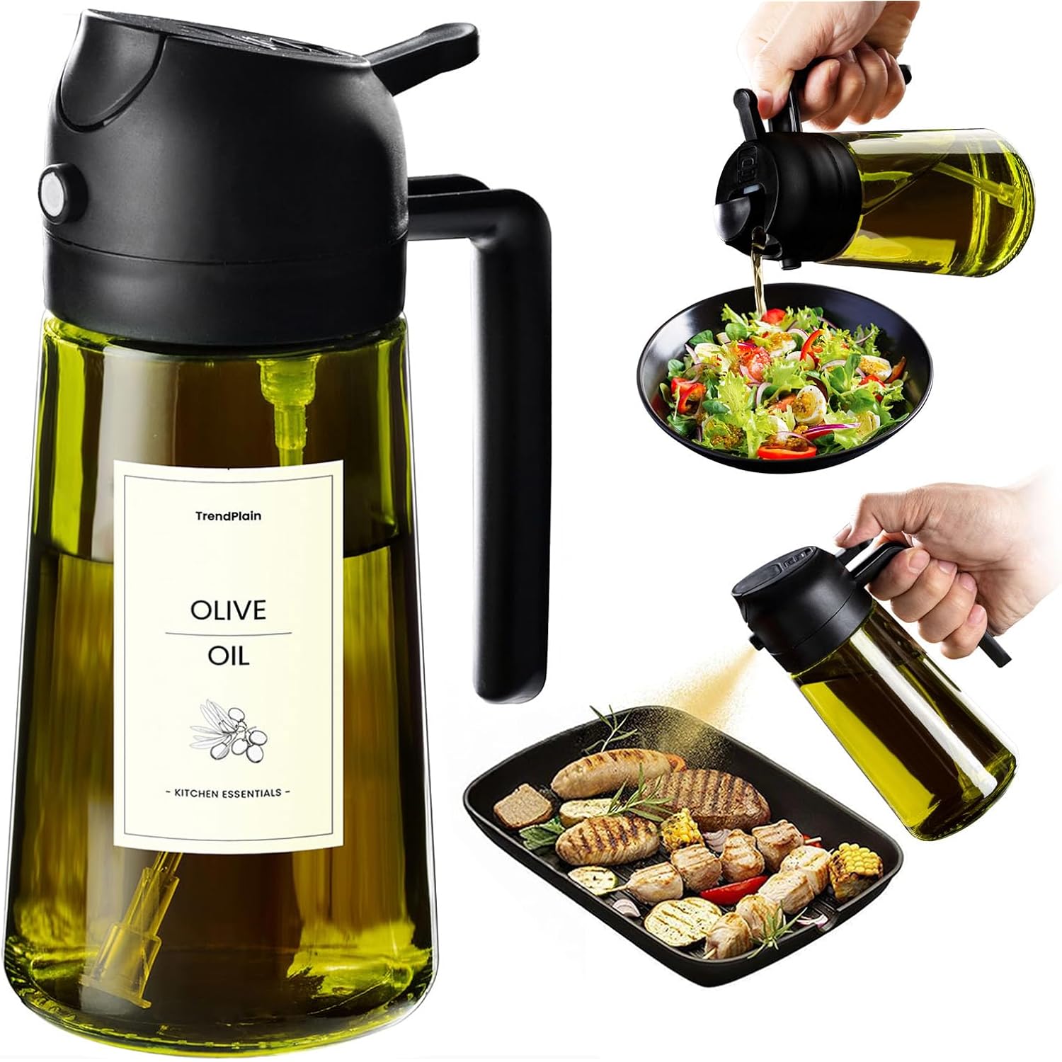 Trendplain - Original 16Oz/470Ml Olive Oil Dispenser Bottle For Kitchen Gadgets And Air Fryer Accessories - Olive Oil Sprayer For Cooking W/Stickers - Black