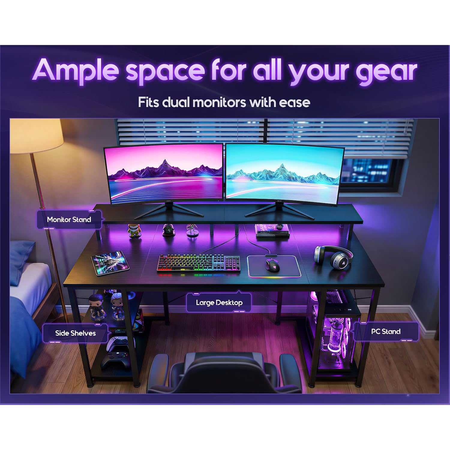 Odk 48 Inch Gaming Desk With Led Lights, Computer Desk With Monitor Stand & Storage Shelves, Cpu Stand, Home Office Desk, Black