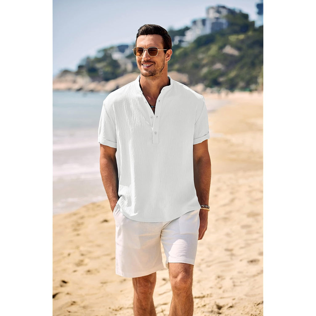 Coofandy Men'S Casual Henley Shirt Band Collar Short Sleeve Shirt Summer Beach Hippie T-Shirt