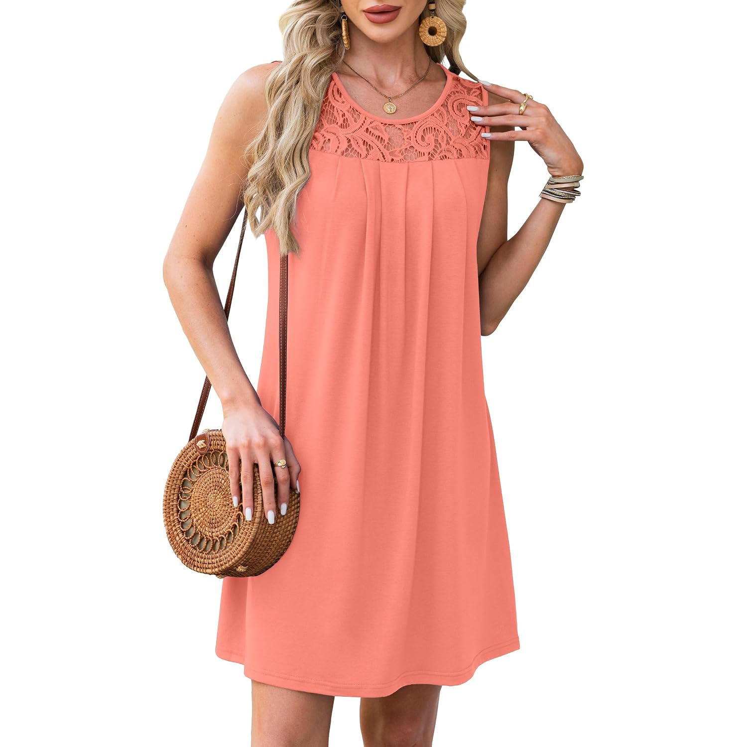 Bkrive Summer Dresses For Women Beach Cover Up Sleeveless Lace Crewneck Sundress (S-3Xl)