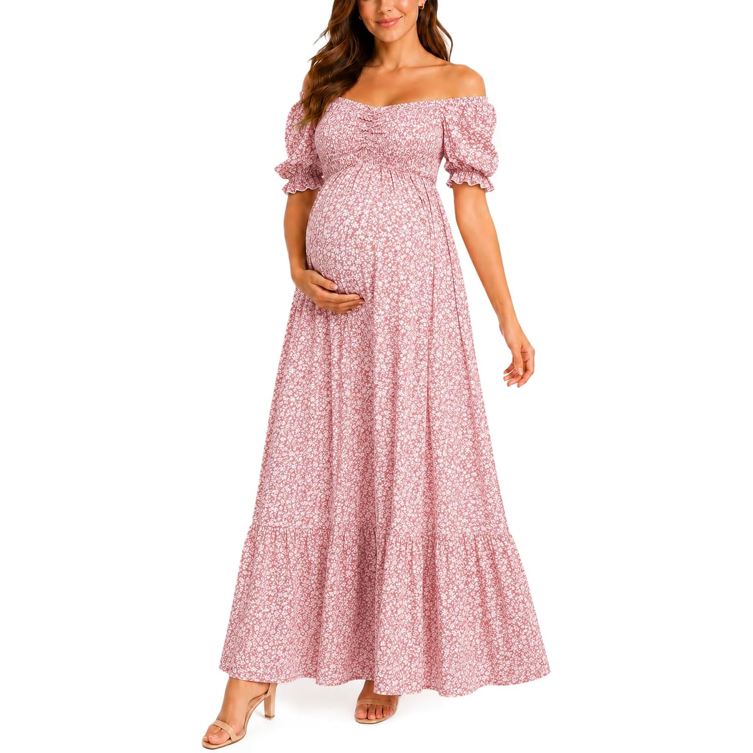 Maternity Dress Baby Shower - 2025 Photoshoot Pregnancy Summer Floral Maxi Off Shoulder Casual Dress