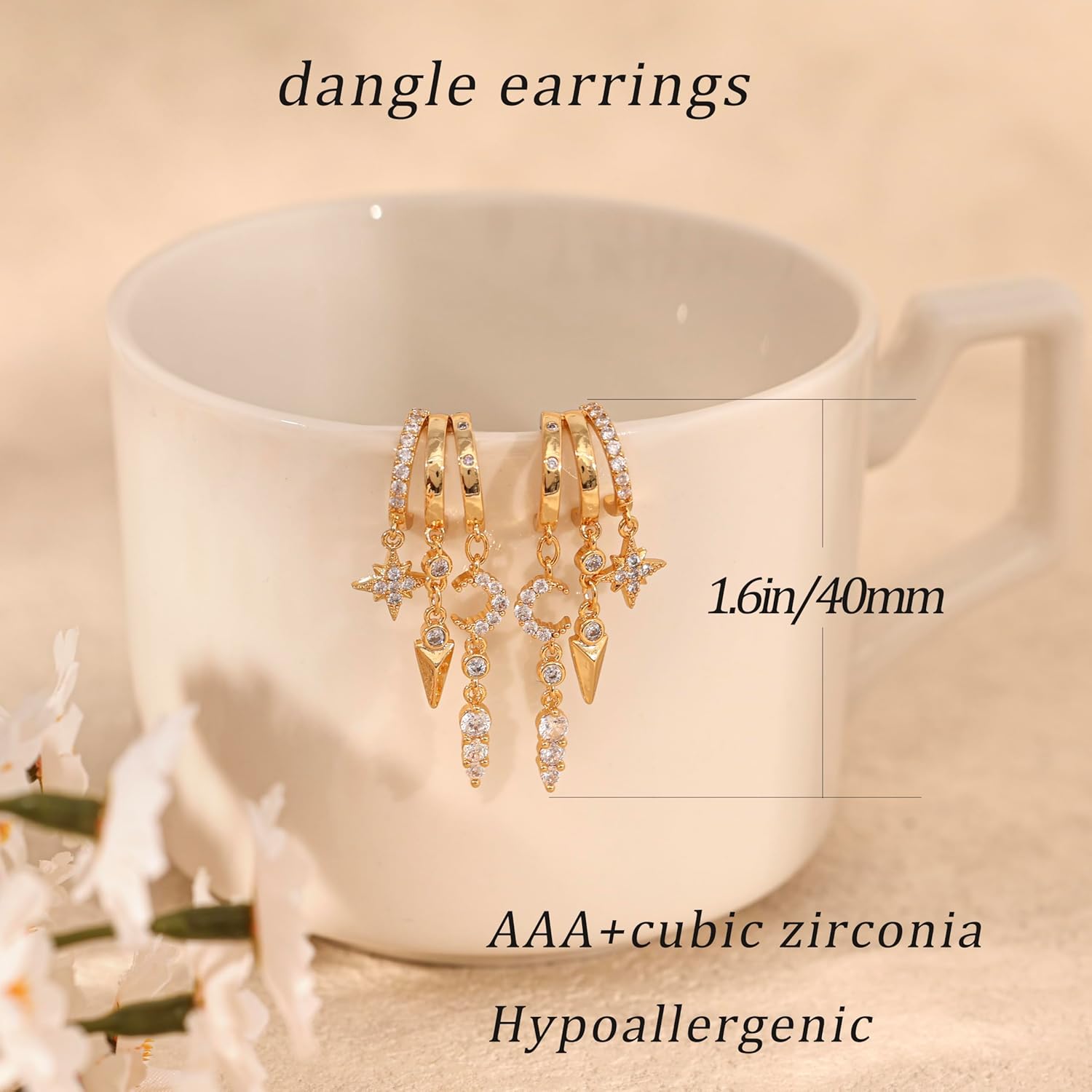 Dangle Earrings For Women,Dainty 14K Gold Plated Hypoallergenic Small Triple Huggie Hoop Earring Gothic Cute Cross Moon Star Drop Earrings For Women Trendy Gold Statement Stud Earring Jewelry