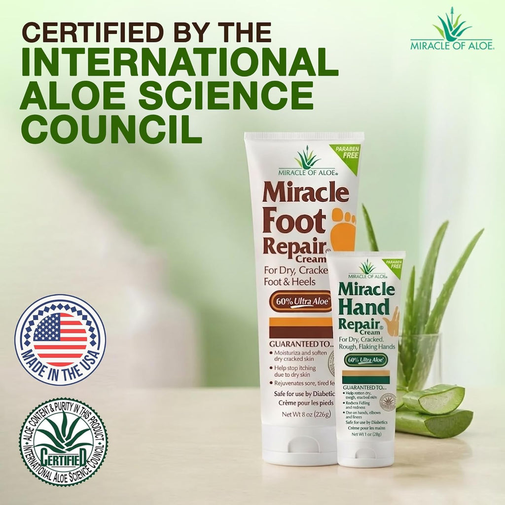 Miracle Foot Repair Cream, 8 oz + 1 oz Miracle Hand Repair, Healing Aloe Vera Lotions for Dry, Cracked Hands and Feet (8 oz Foot Cream + 1 oz Hand Cream)
