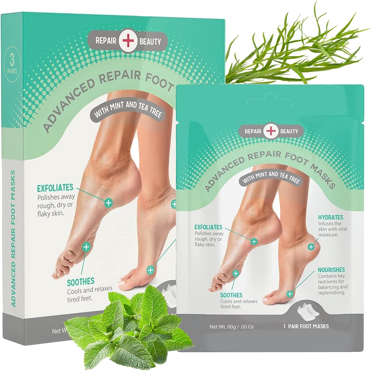 Mint and Tea Tree Foot Masks Moisturizing Socks - Moisturizes Dry & Cracked Heel, Soothes Tired Feet, Exfoliating Foot Masks - Cruelty Free Korean Skin Care for All Skin Types - 3 Pairs
