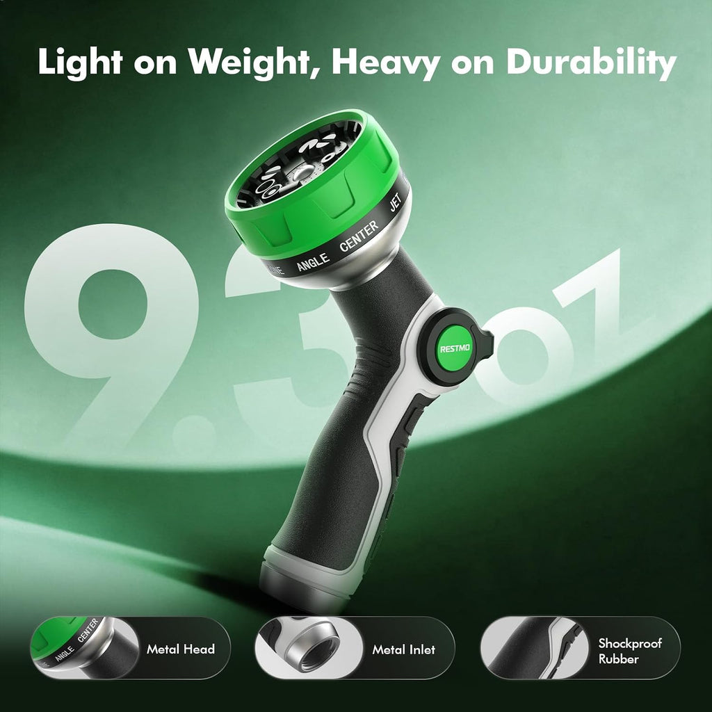 Restmo 10-In-1 Water Hose Nozzle, Garden Hose Sprayer With 10 Adjustable Spray Patterns, Easy Thumb Control For Flow Adjustment, Ideal For Watering Plants & Lawns, Washing Cars & Pets, Green