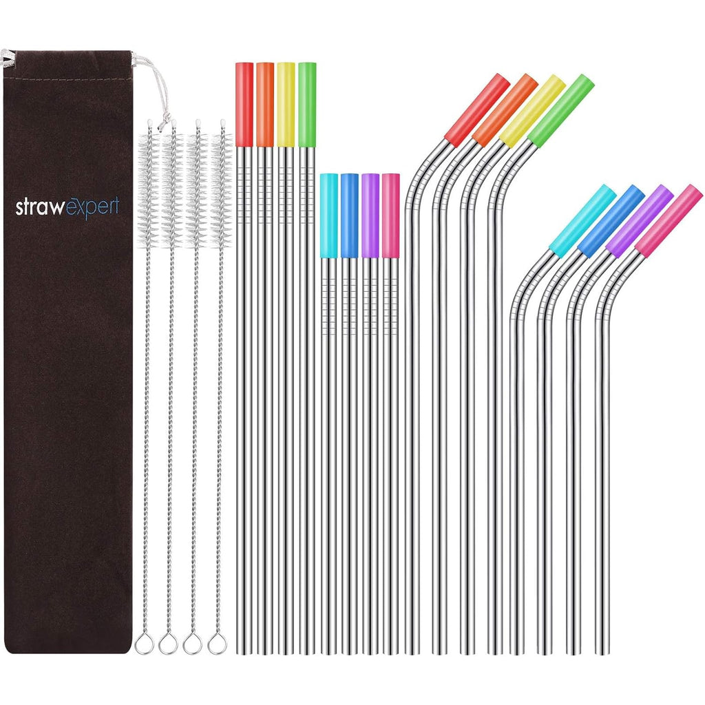 Strawexpert Set Of 16 Reusable Stainless Steel Straws With Travel Case Cleaning Brush Silicone Tips Eco Friendly Extra Long Metal Straws Drinking For 20 24 30 Oz Tumbler, Silver