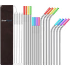 Strawexpert Set Of 16 Reusable Stainless Steel Straws With Travel Case Cleaning Brush Silicone Tips Eco Friendly Extra Long Metal Straws Drinking For 20 24 30 Oz Tumbler, Silver