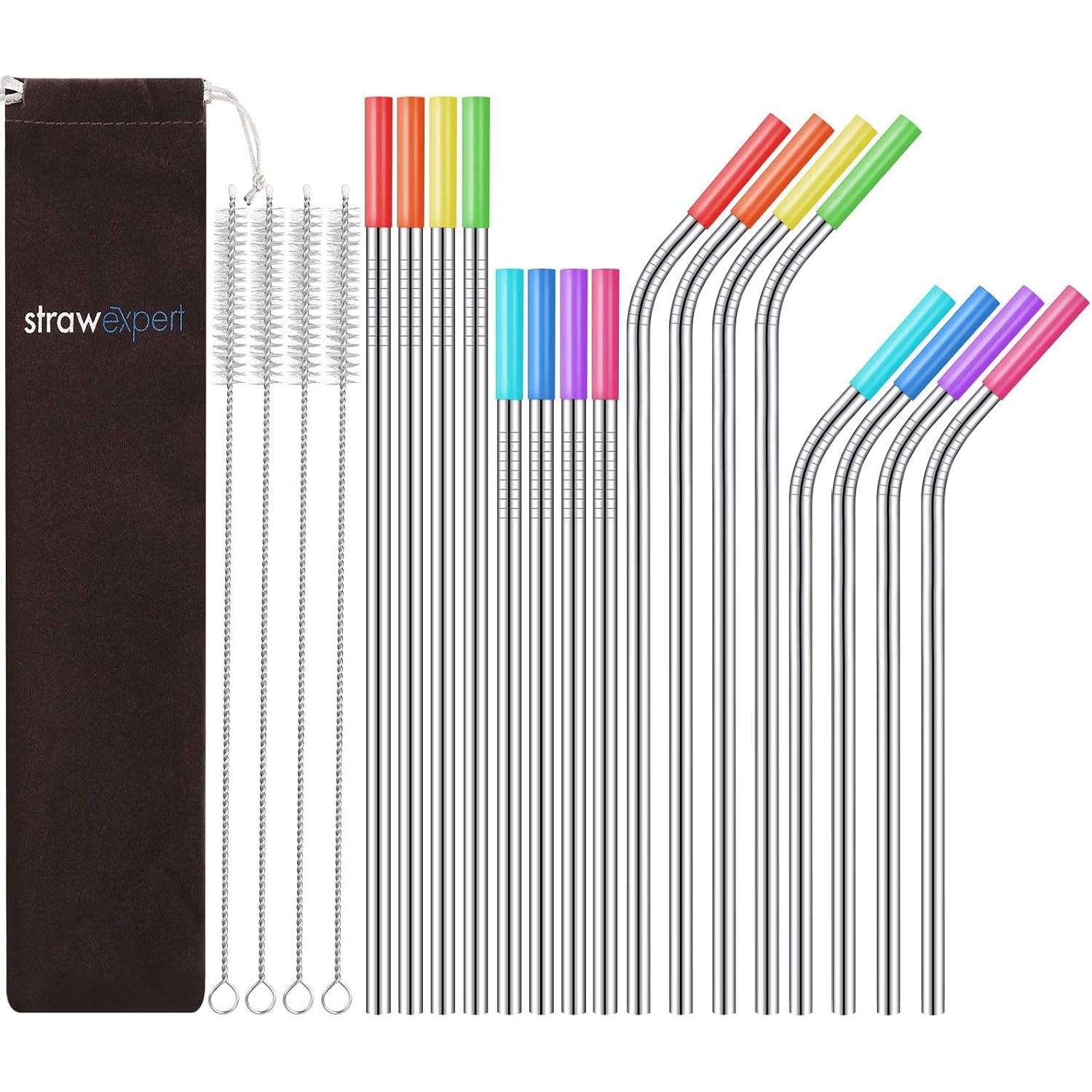 Strawexpert Set Of 16 Reusable Stainless Steel Straws With Travel Case Cleaning Brush Silicone Tips Eco Friendly Extra Long Metal Straws Drinking For 20 24 30 Oz Tumbler, Silver