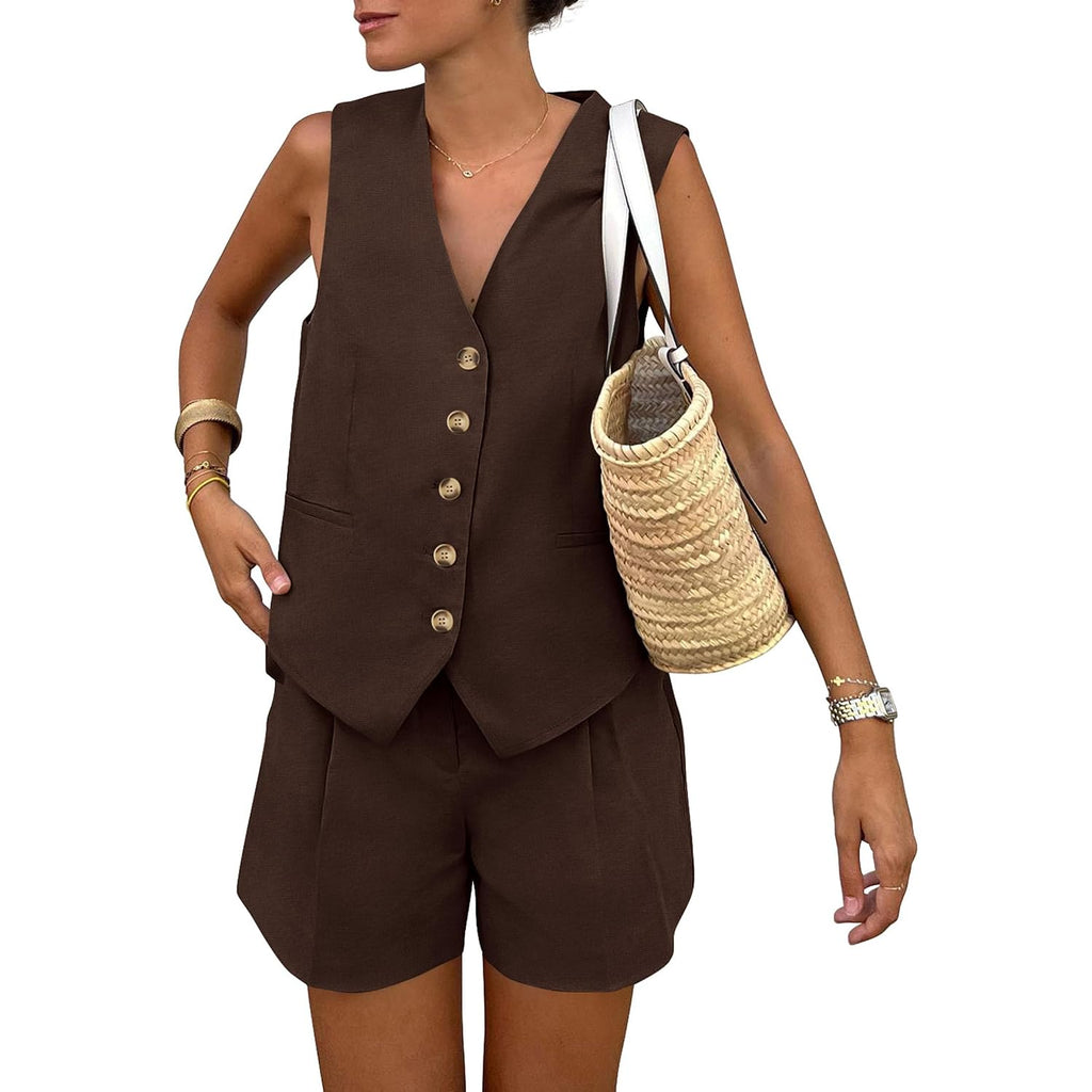 Prettygarden Women'S Summer 2 Piece Outfits Sleeveless Matching Sets Button Down V Neck Vest Waistcoat And Pockets Shorts