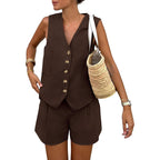 Prettygarden Women'S Summer 2 Piece Outfits Sleeveless Matching Sets Button Down V Neck Vest Waistcoat And Pockets Shorts