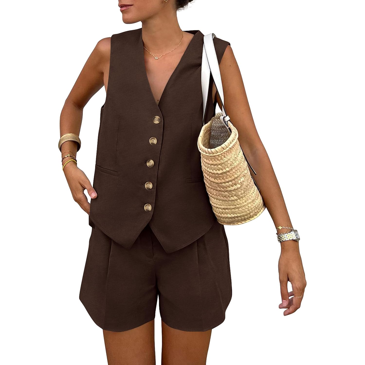 Prettygarden Women'S Summer 2 Piece Outfits Sleeveless Matching Sets Button Down V Neck Vest Waistcoat And Pockets Shorts