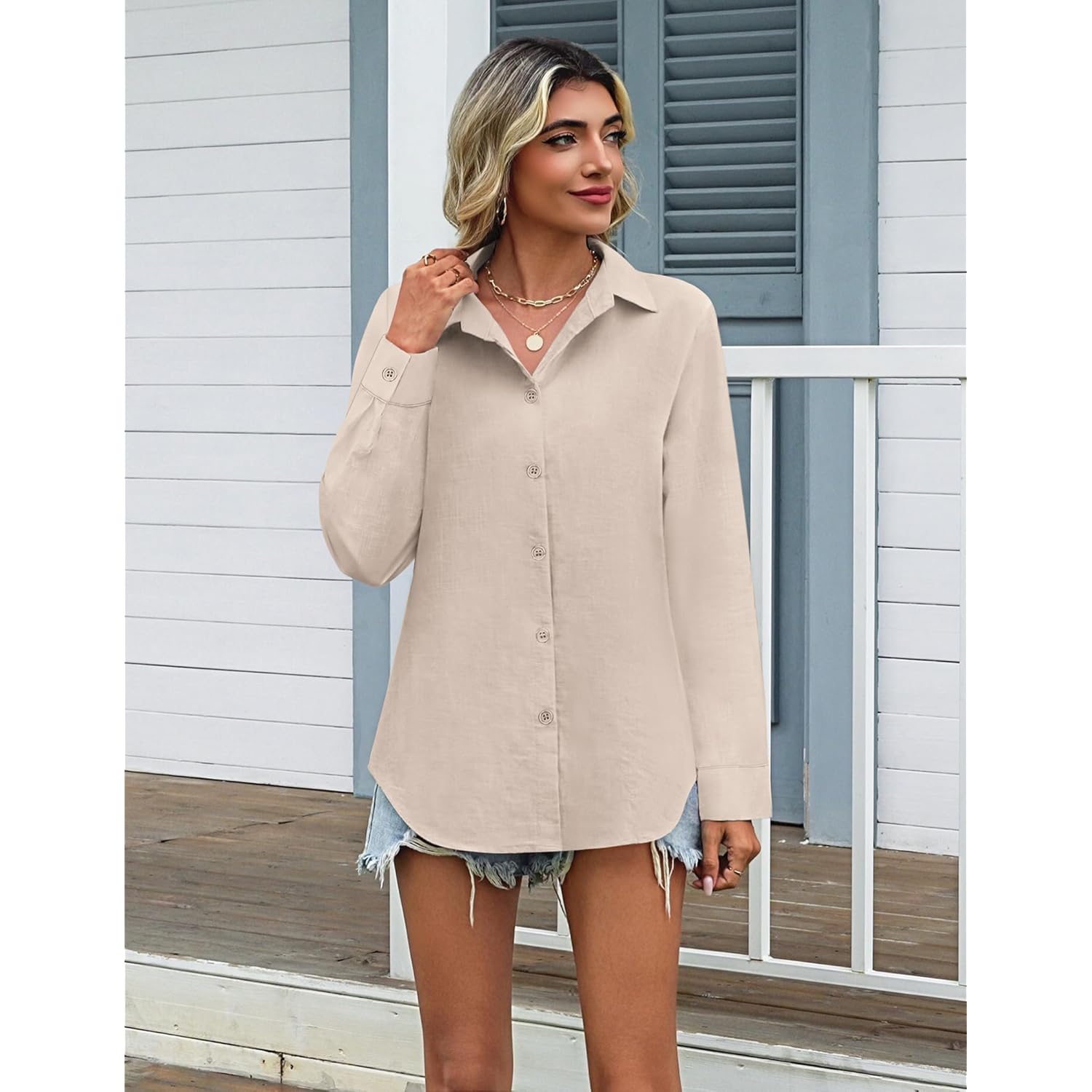Womens Cotton Linen Button Down Shirts Loose Fit Long Sleeve Collared Blouse Casual V Neck Tops Outfits S-3XL