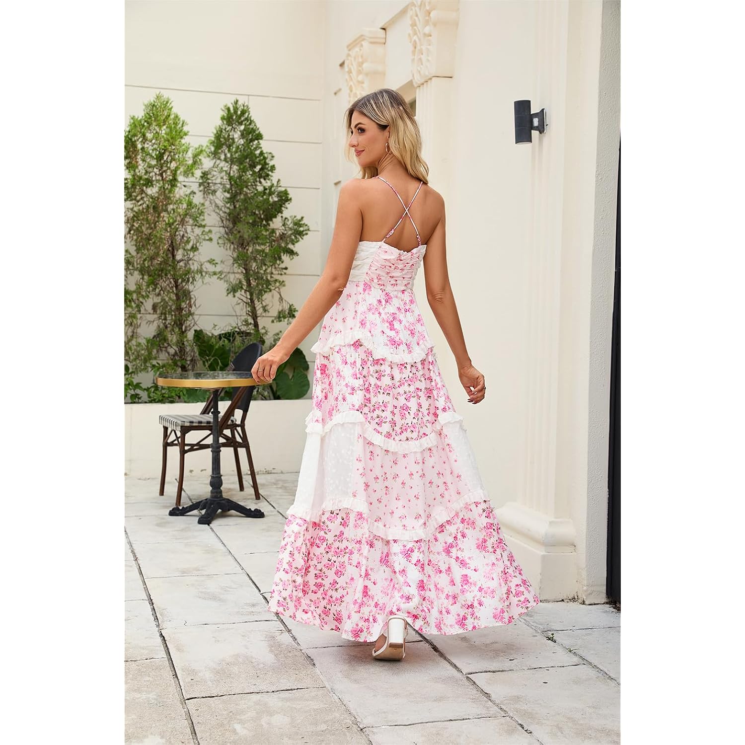 Women Floral Maxi Dress Spaghetti Strap V Neck Patchwork Bohemian Flowy Dresses Summer Fall