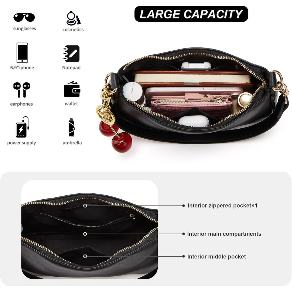 Black Shoulder Bag for Women Cute Hobo Cherry Purse Retro Clutch Underarm Handbag with Removable Straps