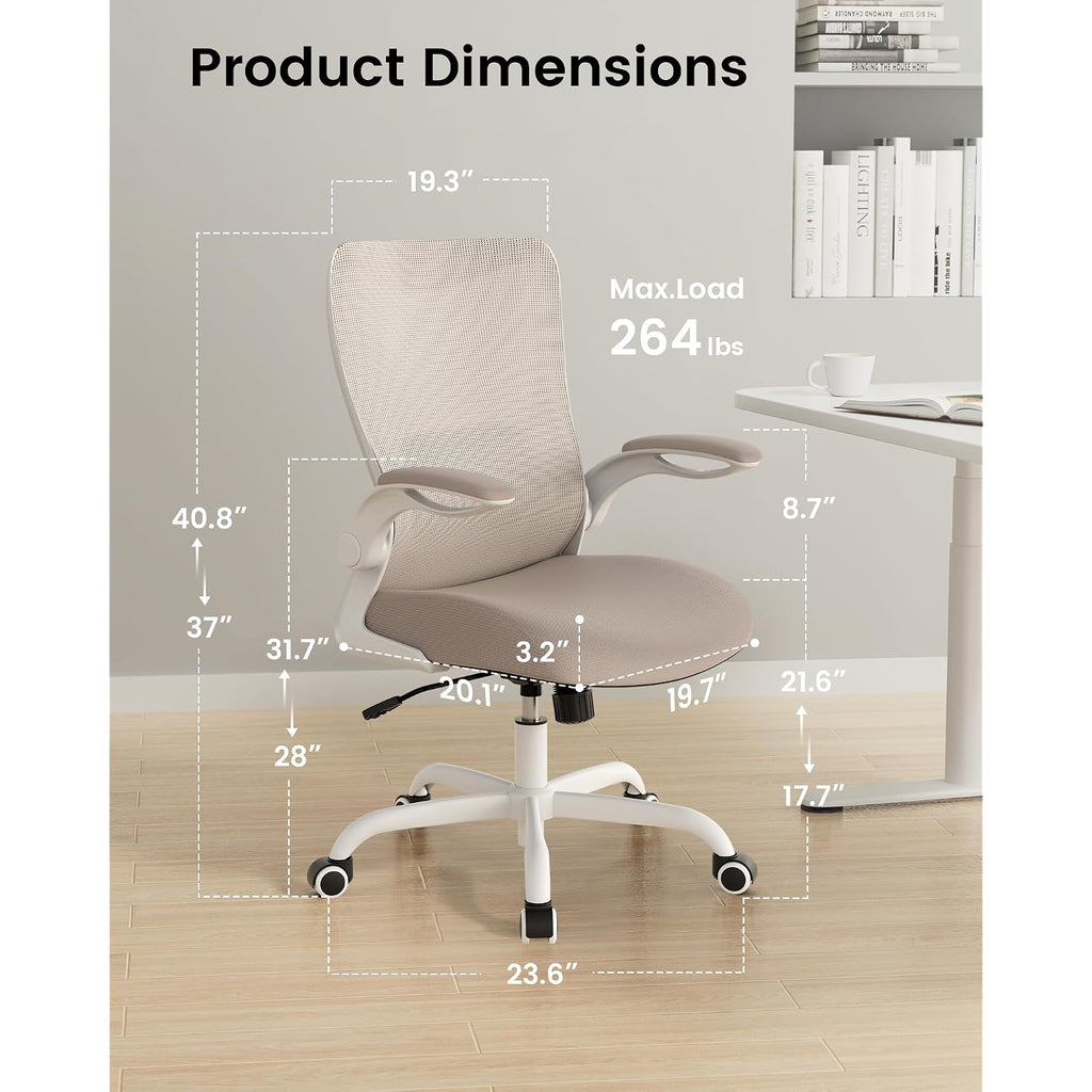 Office Chair, Ergonomic Desk Chair With Adjustable Lumbar Support And Flip Up Armrest, Breathable Mesh Computer Chair For Home Office, Khaki