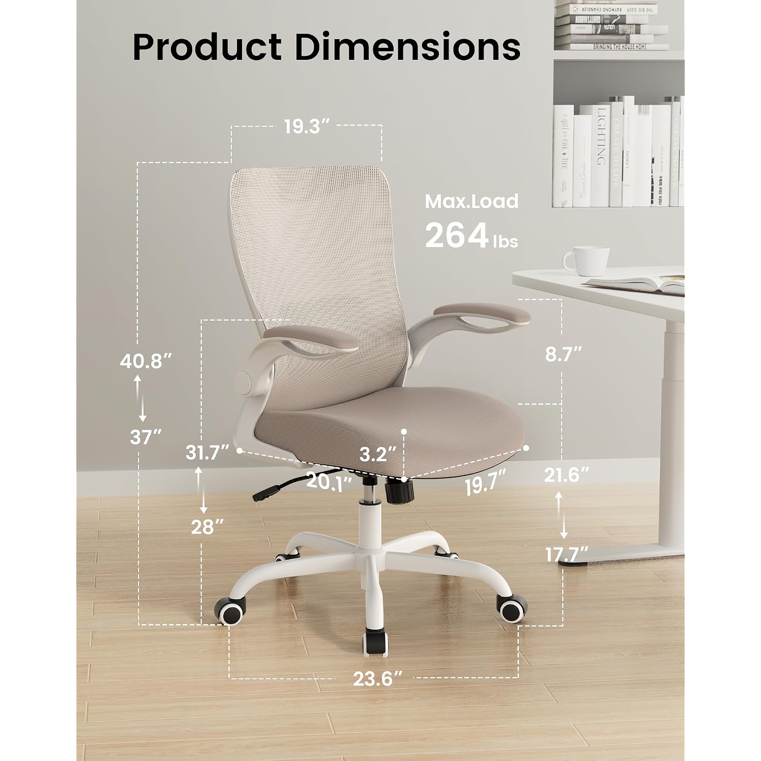 Office Chair, Ergonomic Desk Chair With Adjustable Lumbar Support And Flip Up Armrest, Breathable Mesh Computer Chair For Home Office, Khaki