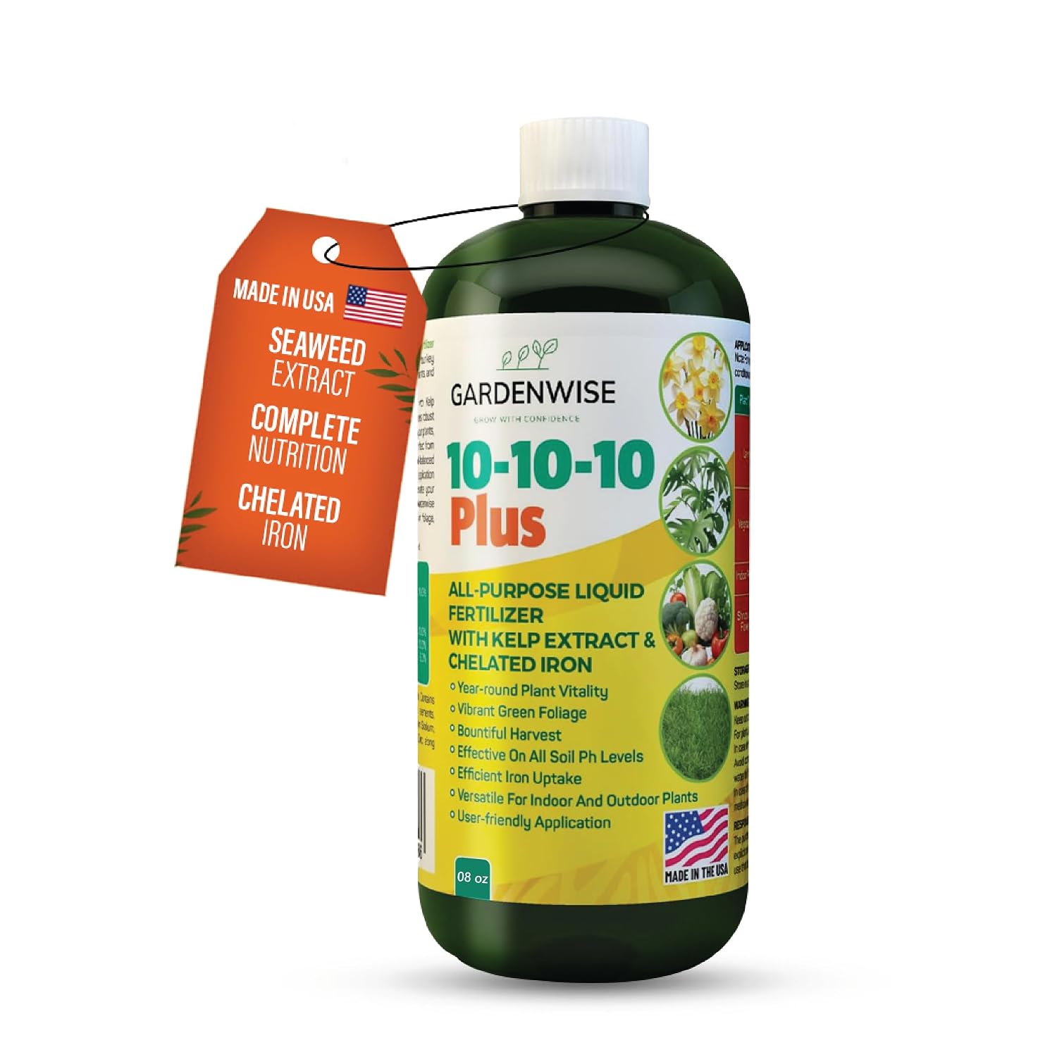 Gardenwise 10-10-10 All Purpose Plant Food - Liquid Fertilizer With Seaweed Kelp & Iron - Indoor & Outdoor Plant Food, Vegetables, Flowers, Lawn & Garden 1X8Oz