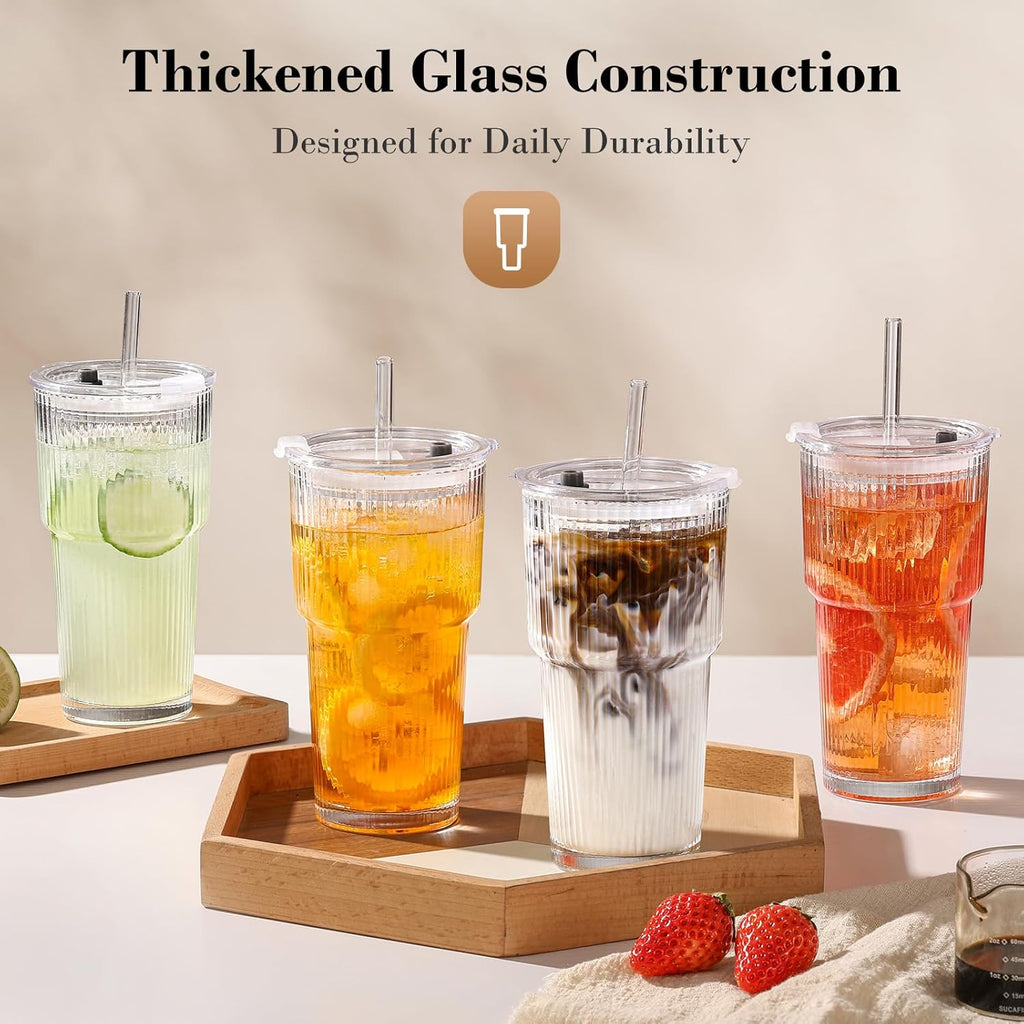 GOSCHE 20oz Glass Tumblers with Straws and Lids, Ribbed Iced Coffee Cups Leak-proof, Dishwasher Safe, Thickened Glass Cups with Lids Ideal for Coffee and Travel, Clear, 4 Pack