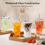 GOSCHE 20oz Glass Tumblers with Straws and Lids, Ribbed Iced Coffee Cups Leak-proof, Dishwasher Safe, Thickened Glass Cups with Lids Ideal for Coffee and Travel, Clear, 4 Pack