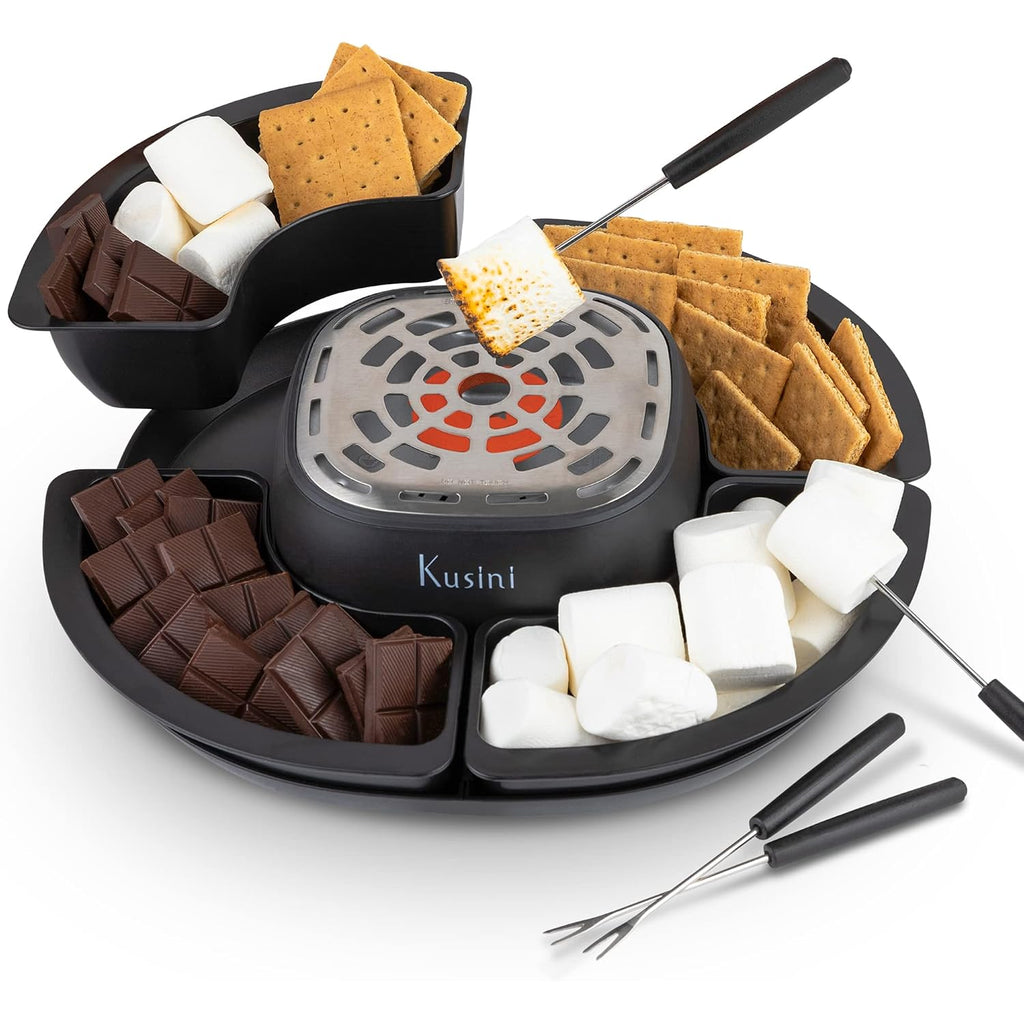 Smores Maker Tabletop Indoor - Flameless Electric Marshmallow Roaster – 4 Detachable Trays & 4 Roasting Forks – Gift Set & Date Night Idea. Movie Night Supplies & Housewarming Gift