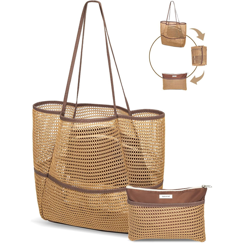 Mesh Beach Tote Bag Packable,2026 New 2-In-1 Large Lightweight Foldable Beach Bags With Multiple Pockets For Women