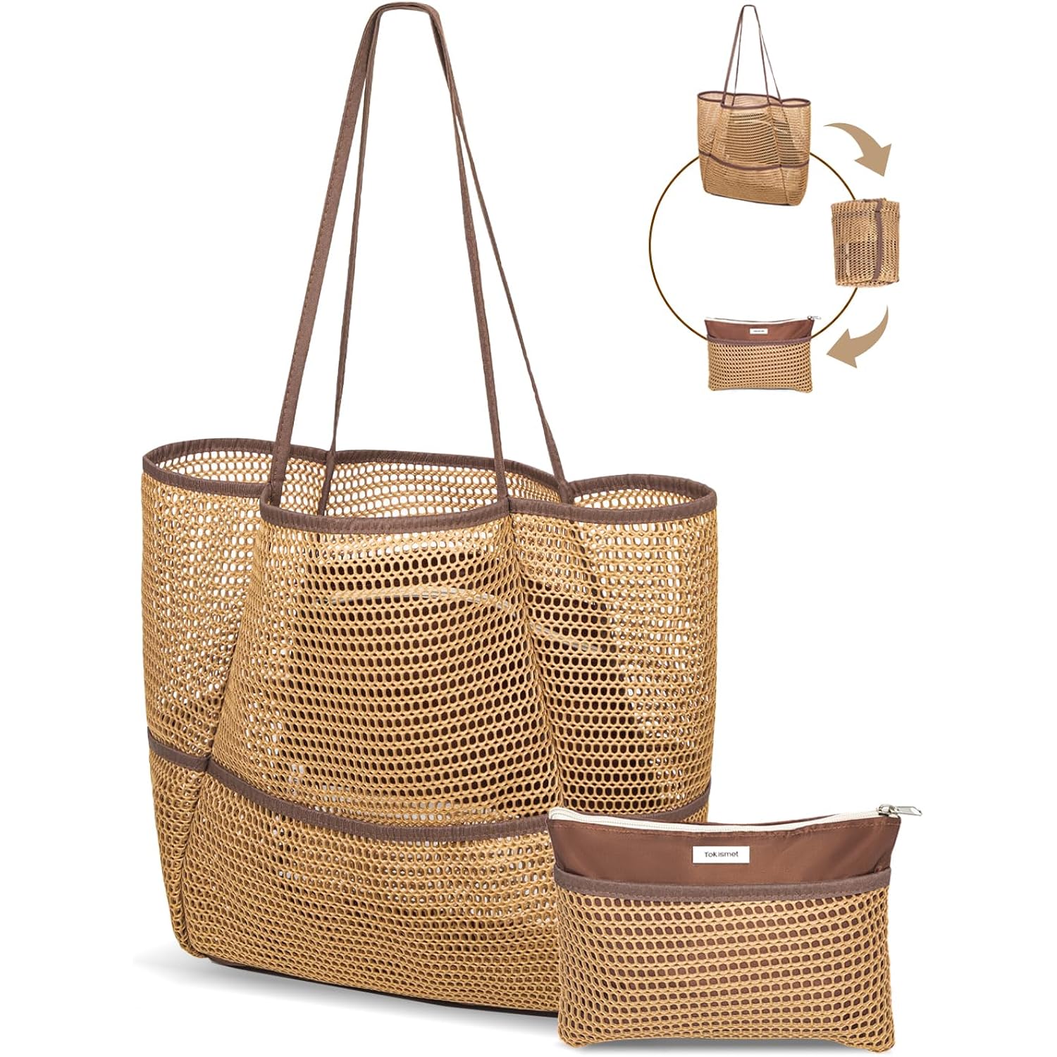 Mesh Beach Tote Bag Packable,2026 New 2-In-1 Large Lightweight Foldable Beach Bags With Multiple Pockets For Women